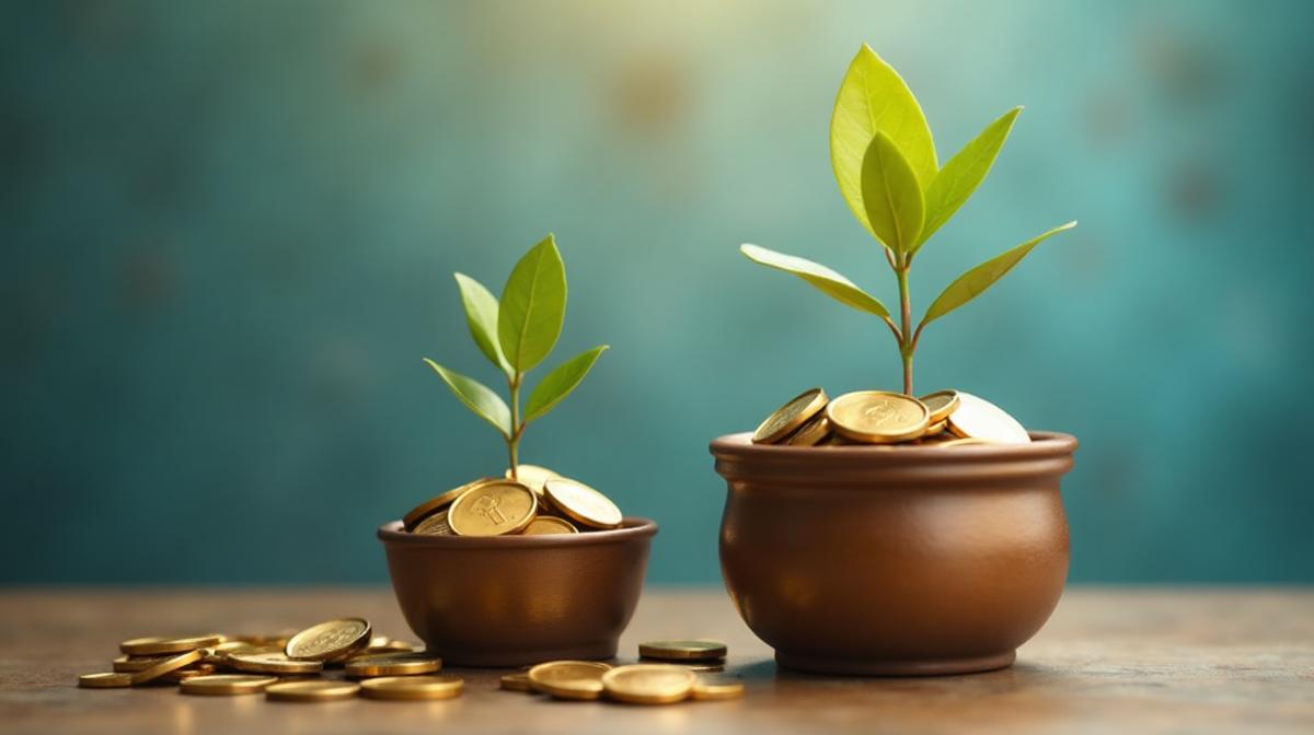 Two pots with coins and growing plants representing retirement savings